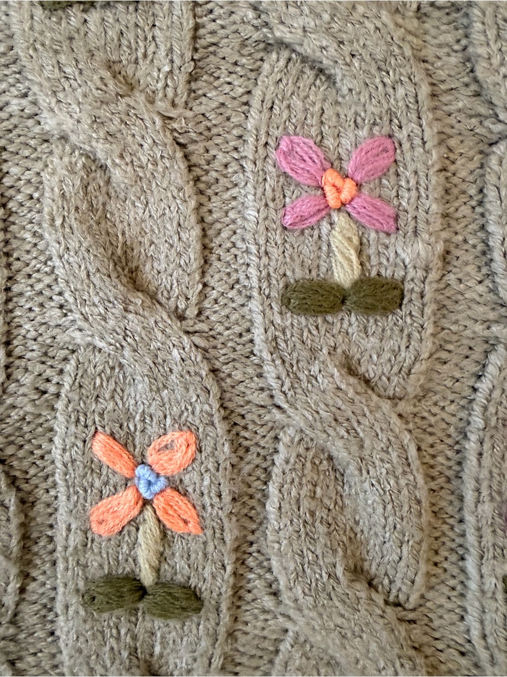 In Bloom Sage Cable-Knit Sweater with Pink & Orange Flowers - Picture 3 of 4